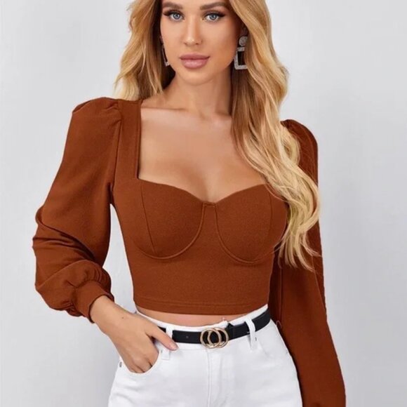 🍂Shein Sweetheart Neck Lantern Sleeve Crop Top🍂 - Picture 1 of 9